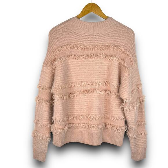 Very J Pink Shaggy Fringe Knit Sweater Mock Neck Drop Shoulders Boxy Size Small - Picture 3 of 6